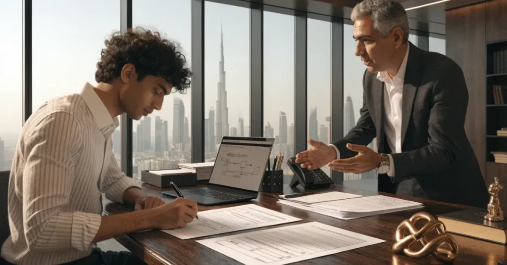 Professional LLC in Dubai company registration process with legal documentation and business setup consultation.