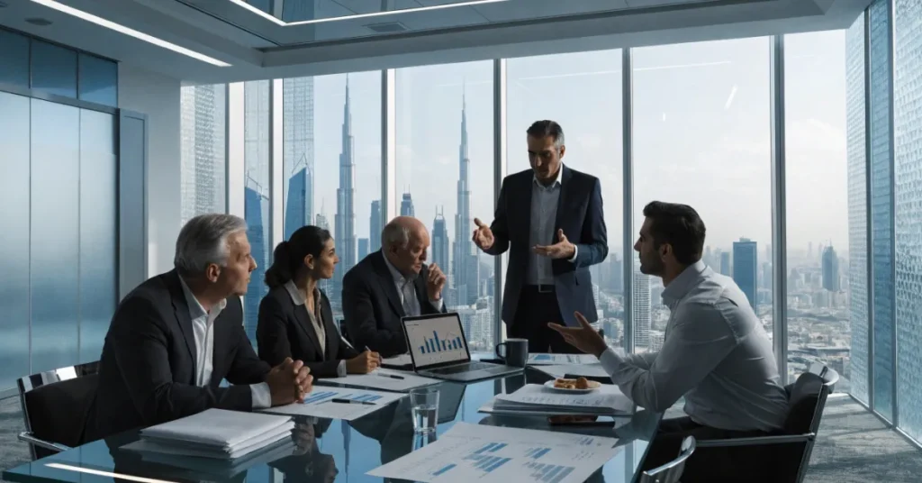 Business expansion and investment planning after establishing an LLC in Dubai in a professional corporate environment.