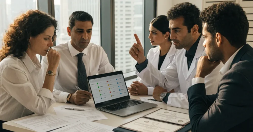 Professionals discussing Medical licensing requirements and healthcare regulatory compliance for UAE startups.