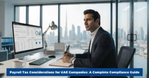Payroll Tax compliance guide for UAE companies with payroll reports and financial records in a modern corporate office.