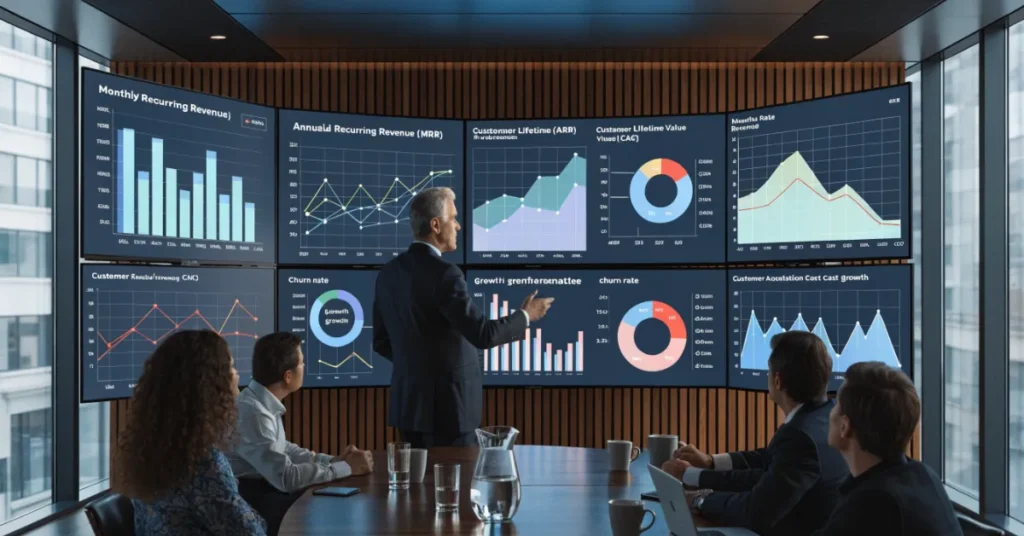 Revenue Models Ideas illustrating SaaS financial KPIs, recurring revenue analytics, and subscription business performance.
