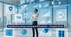 SaaS Business Setup Ideas showing cloud software licensing, intellectual property protection, and secure technology business formation