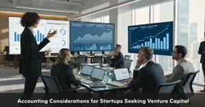 Startup Accounting for venture capital fundraising with founders presenting financial reports to investors.
