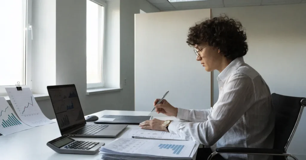 Tax Planning – Accountant reviewing financial records and tax planning strategies for a UAE small business.