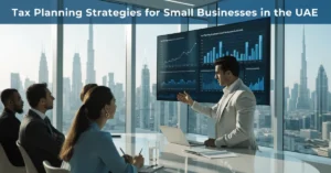 Tax Planning – Financial advisor presenting strategic tax planning solutions for small businesses in the UAE.