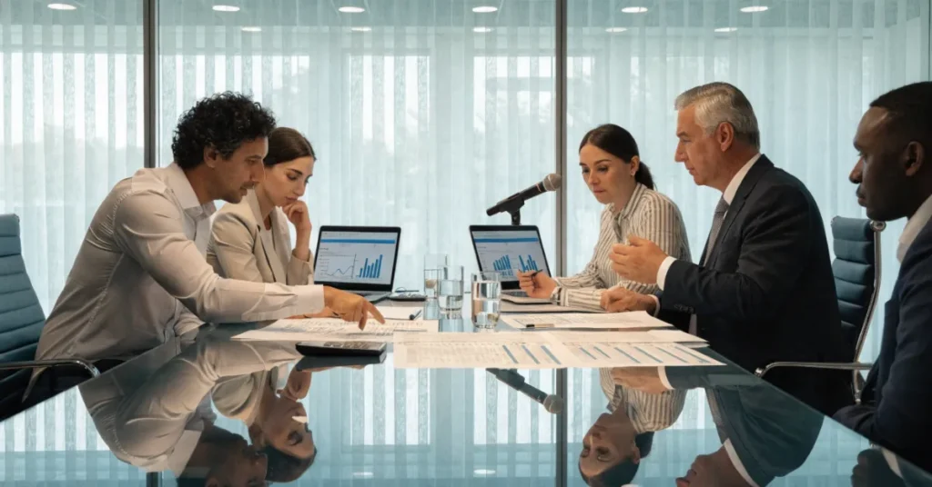 Business professionals reviewing Taxable Income Reconciliation before submitting the UAE Corporate Tax Return for FTA compliance.