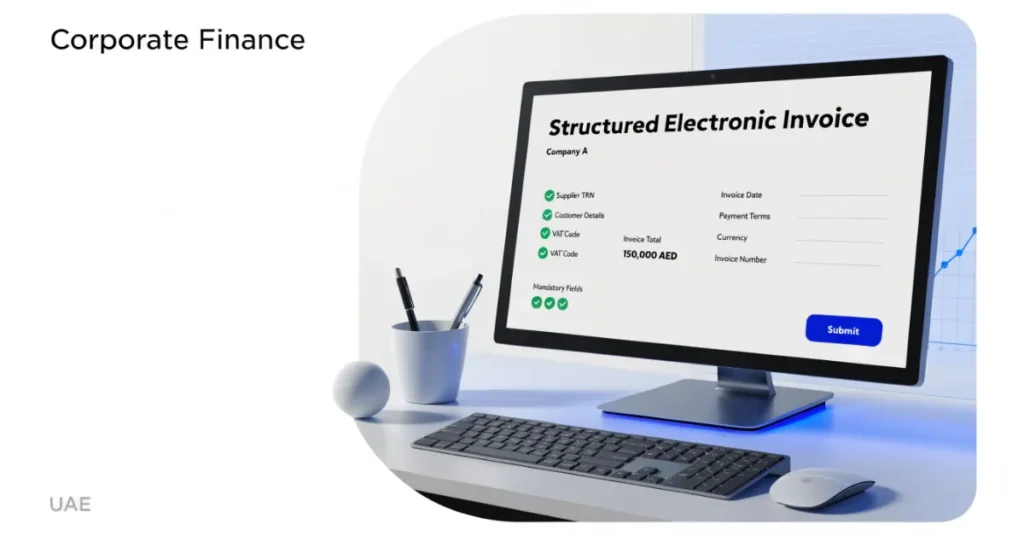 UAE Electronic Invoice data validation process showing mandatory invoice fields and VAT compliance checks