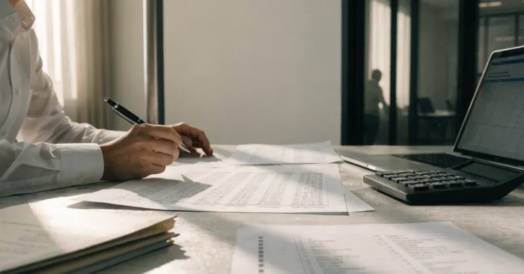 VAT Exempt Supplies – Accountant reviewing VAT compliance records and financial documents for exempt and zero-rated supplies.
