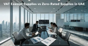 VAT Exempt Supplies – Finance professionals comparing VAT exempt supplies and zero-rated supplies during a UAE tax compliance meeting.