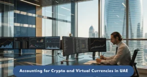 Virtual Currencies accounting professional reviewing cryptocurrency financial reports and blockchain transactions in a UAE corporate office.