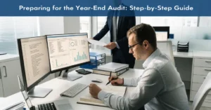 Year-End Audit preparation with professional accountants reviewing financial statements, audit reports, and financial records in a modern corporate office.