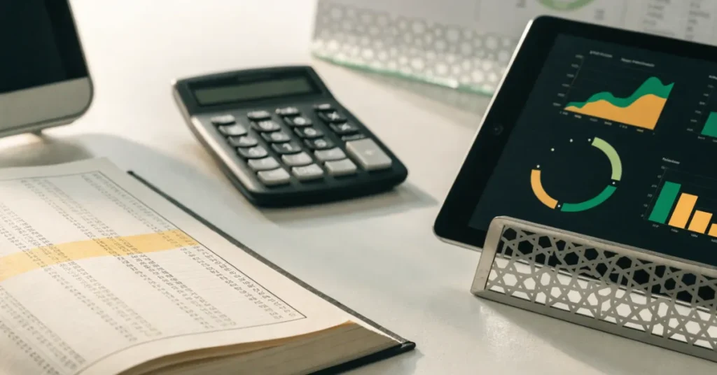 Professional Zakat accounting records demonstrating Islamic Accounting principles, transparency, and ethical financial reporting.