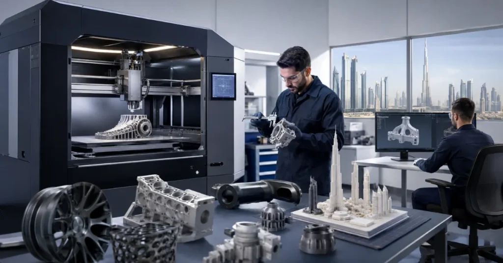 Industrial 3D printing business in Dubai showing rapid prototyping, additive manufacturing and custom engineering components.