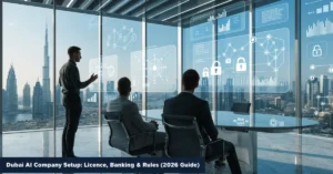 AI Company Setup in Dubai showcasing licensing, banking, and regulatory requirements for artificial intelligence businesses.