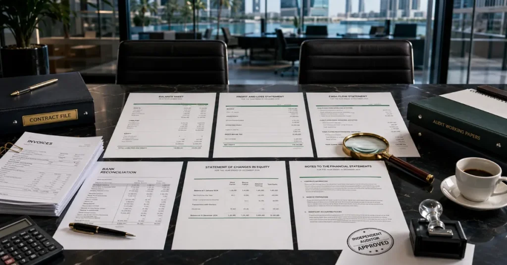 Audited Financial Statements UAE Free Zone audit preparation with accounting records, invoices, bank reconciliations and compliance documents.