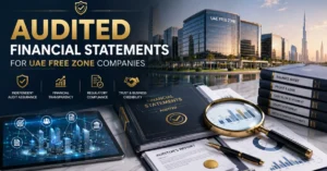 Audited Financial Statements UAE Free Zone companies guide showing financial reports, audit documents and independent financial review.