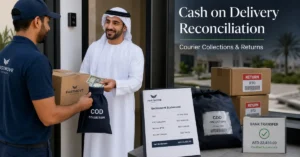 Cash on Delivery Reconciliation showing courier collections, COD orders, returns and settlement flow for UAE e-commerce businesses.