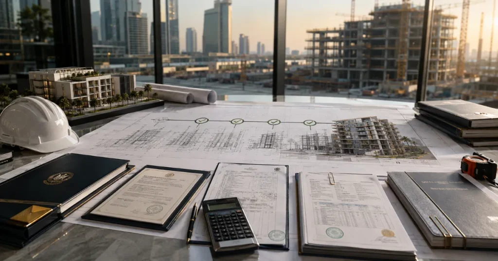 Construction Company Formation UAE contractor classification showing technical staff, engineering documents, project capability and construction resources.