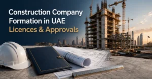 Construction Company Formation UAE guide showing construction site, business licence, engineering blueprint and contractor approvals.