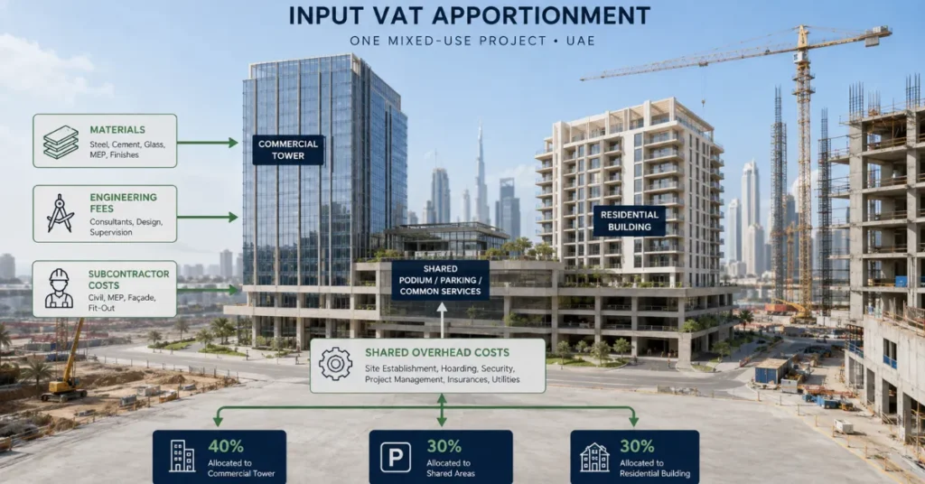 Construction Input VAT Recovery UAE showing construction costs, VAT recovery and project cost apportionment.