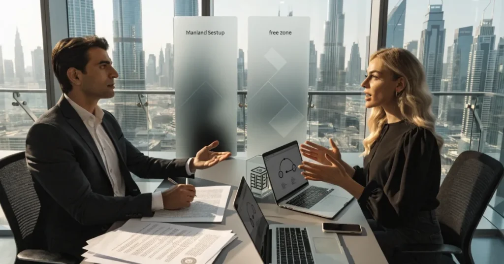 Comparison of mainland and free zone options for Content Creator Licence business setup in the UAE.