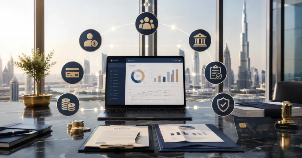 UAE corporate bank account KYC package showing company documents, shareholder records, UBO information and business activity evidence.