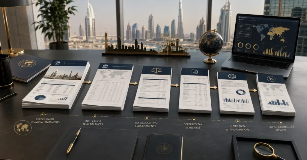 UAE deferred tax review showing temporary differences from tax losses, depreciation, leases, provisions, fair values and intercompany adjustments.