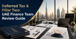 Deferred Tax and Pillar Two UAE finance review showing current tax, deferred tax, GloBE income, covered taxes and the 15% minimum effective tax rate.