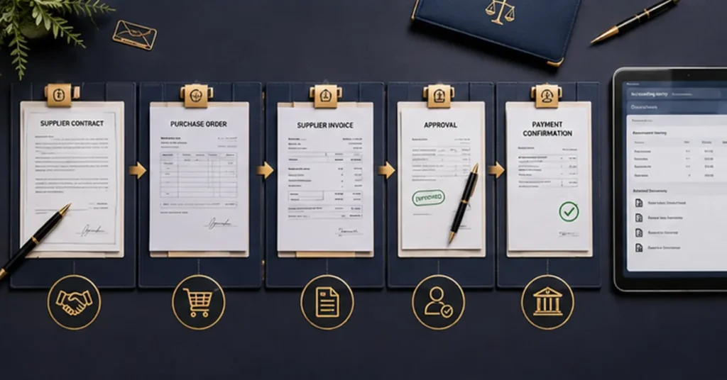 Digital audit trail linking a supplier contract, purchase order, invoice, approval, payment and accounting record.
