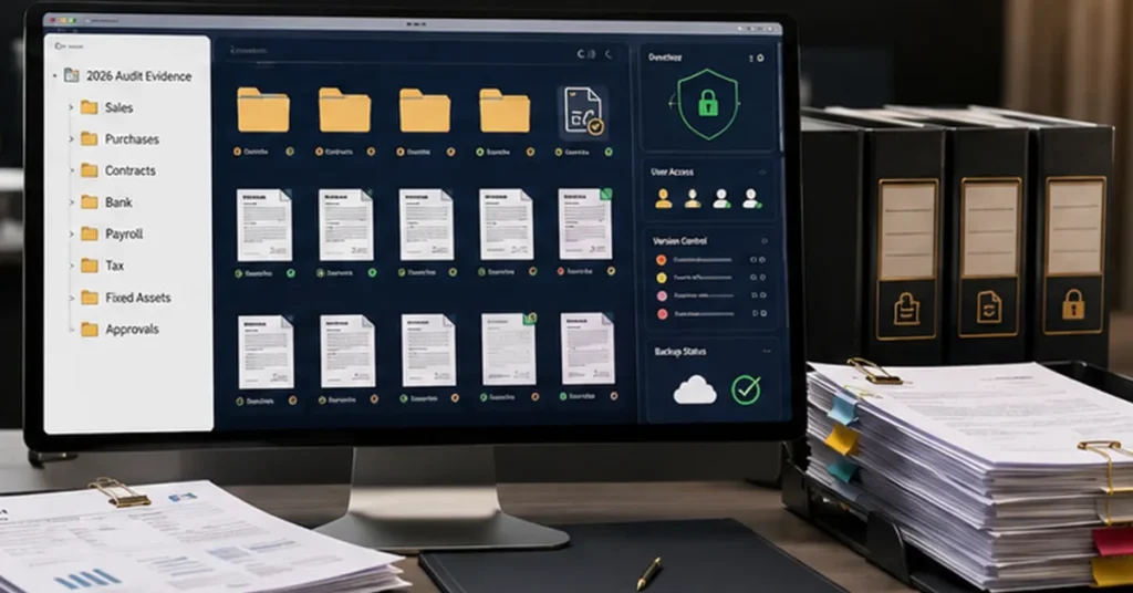 Audit-ready digital document archive for UAE businesses showing organized financial records, secure access, version control and backups.