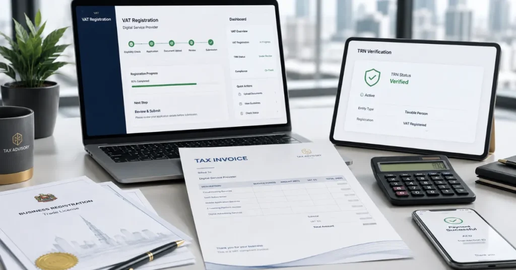 Digital Services VAT UAE registration and compliant VAT invoicing process for SaaS and online service providers.