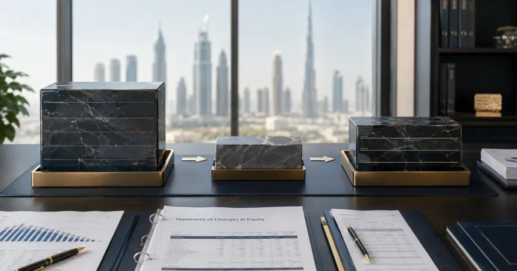 Dividend accounting in the UAE illustrating how an approved shareholder distribution reduces retained earnings and company cash.