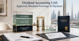 Dividend Accounting UAE showing retained earnings moving through shareholder approval to an approved dividend payment.