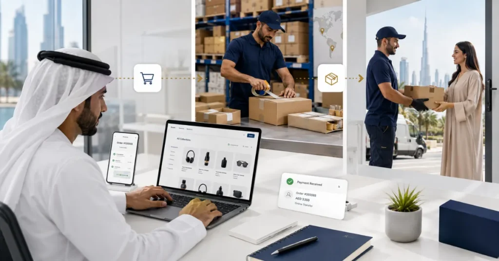 UAE dropshipping model showing a supplier fulfilling online orders directly to customers while the seller manages the eCommerce store.