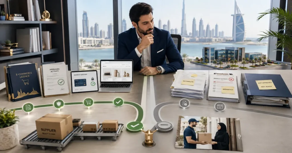 UAE dropshipping compliance showing the importance of choosing the correct eCommerce licence, business activity and product approvals before selling online.