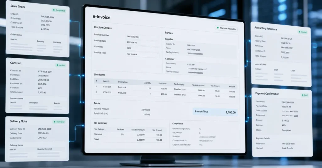 UAE structured e-invoice linked with contract, order, delivery evidence, accounting entry and payment records for audit traceability.
