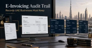 UAE e-invoicing audit trail showing a transaction moving from customer order and structured e-invoice to accounting, payment and tax records.