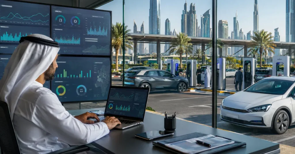 Dubai EV charging station installation showing electrical capacity assessment, charger setup, site planning and technical compliance.