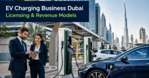 EV Charging Business Dubai showing electric vehicle charging stations, business licensing, infrastructure planning and charging revenue operations.