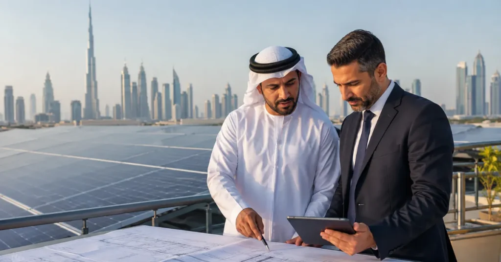 UAE solar installation project showing engineers reviewing technical approvals, photovoltaic systems and renewable-energy project compliance.