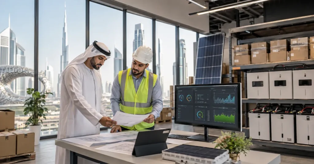 Renewable energy EPC company in the UAE showing solar equipment, battery systems, engineering, procurement and clean-energy project development.