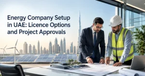 Energy Company Setup in UAE showing renewable energy licensing, solar project planning and clean-energy business development.