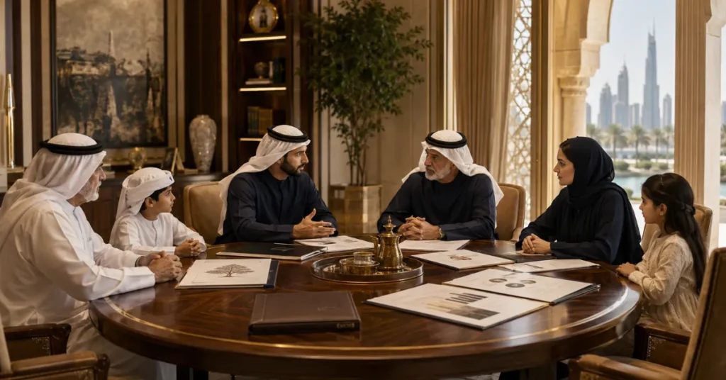 UAE family office governance showing multiple generations discussing succession, investment policy and family business ownership.