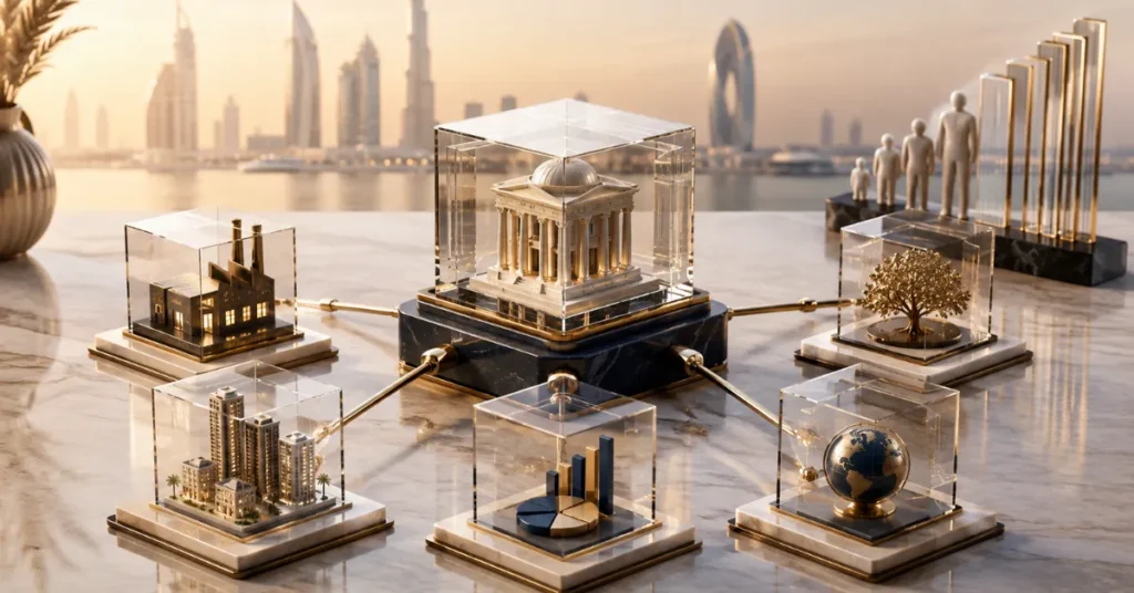 UAE family office structure showing a family foundation, holding company, SPVs, investments and succession planning.