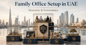 Family Office Setup in UAE showing multigenerational wealth, business interests, investments, property and family governance.