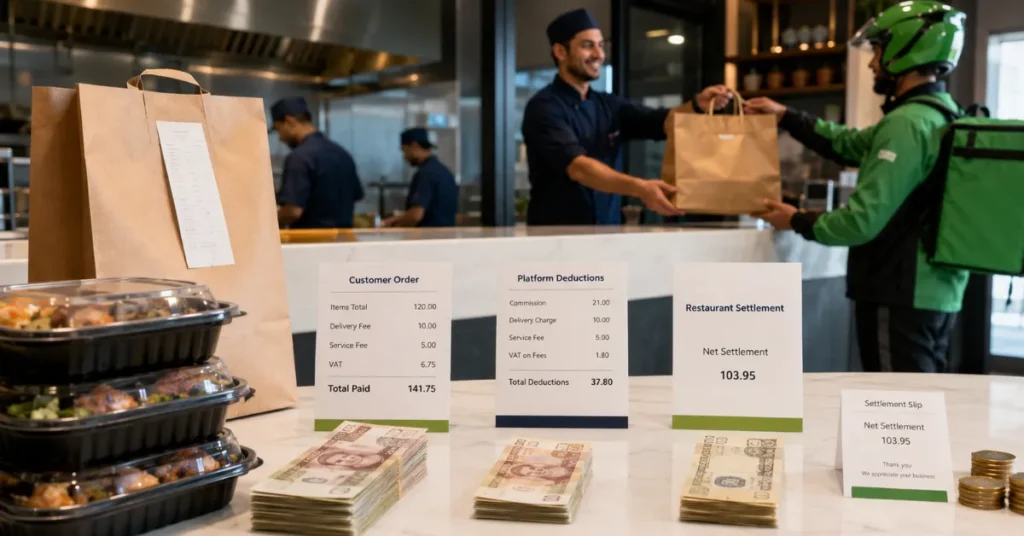 Food delivery commissions showing gross customer order value, platform deductions and net restaurant settlement.