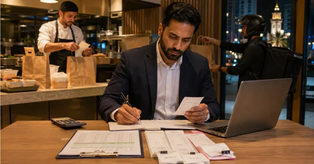 Food delivery commission reconciliation comparing restaurant POS sales, platform fees, refunds and bank settlements.