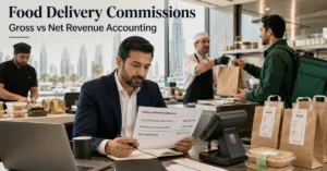 Food delivery commissions UAE accounting showing gross restaurant sales, platform commission and net settlement.