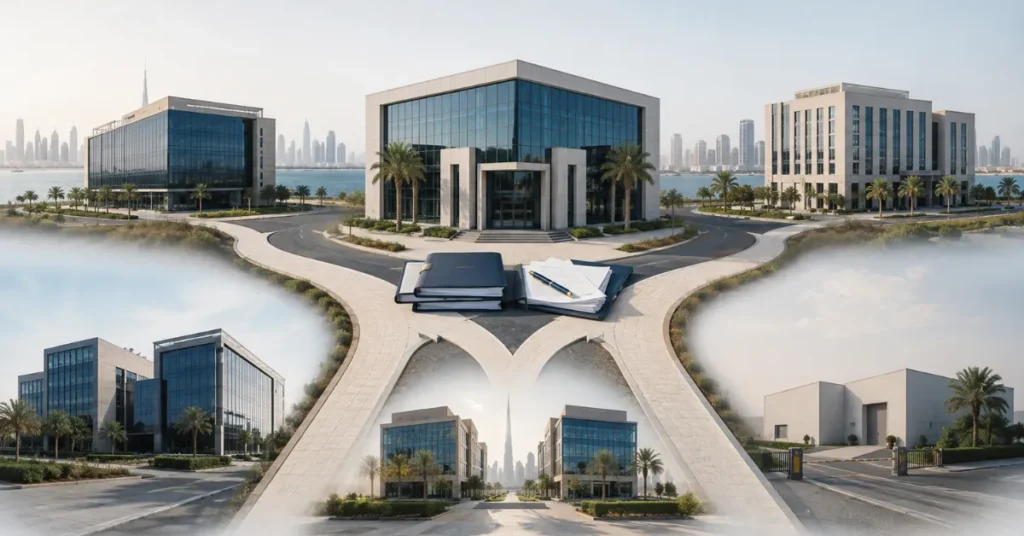 UAE Free Zone restructuring options showing a new Mainland company, branch, dual structure and planned Free Zone closure.