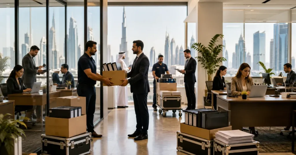 Free Zone to Mainland UAE restructuring showing coordinated transfer of contracts, employees, banking and accounting while maintaining business continuity.